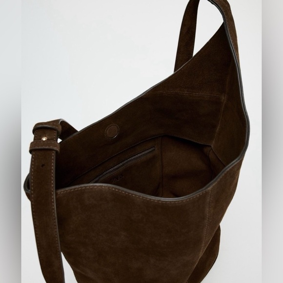 Zara Asymmetric Chocolate Suede Shoulder Hobo Bag in Dark Brown - Picture 6 of 14